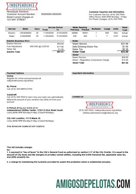 realista Modelo de conta de serviços públicos de serviços públicos de independência dos EUA Missouri em formatos Word e PDF, versão 2